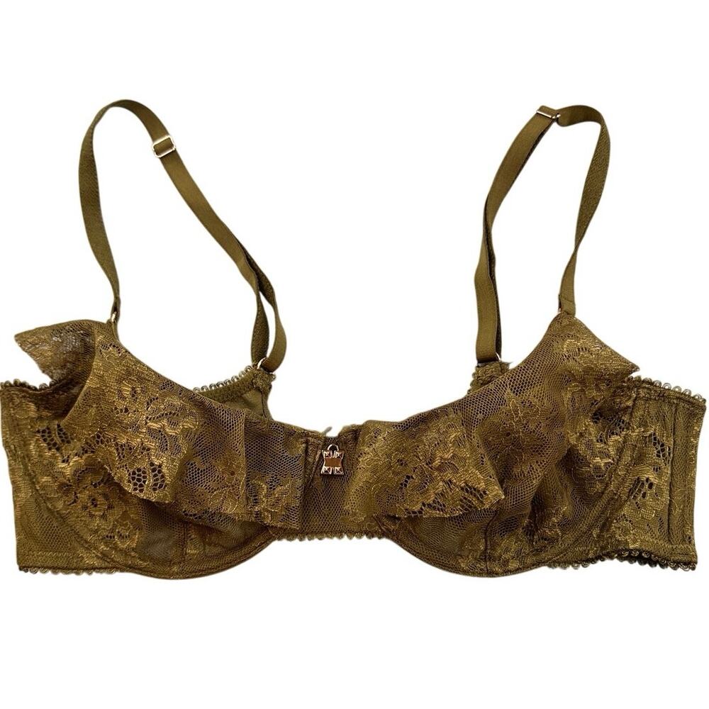 Savage X Fenty Unlined Lace Balconette Underwire Bra Olive Green Ruffle